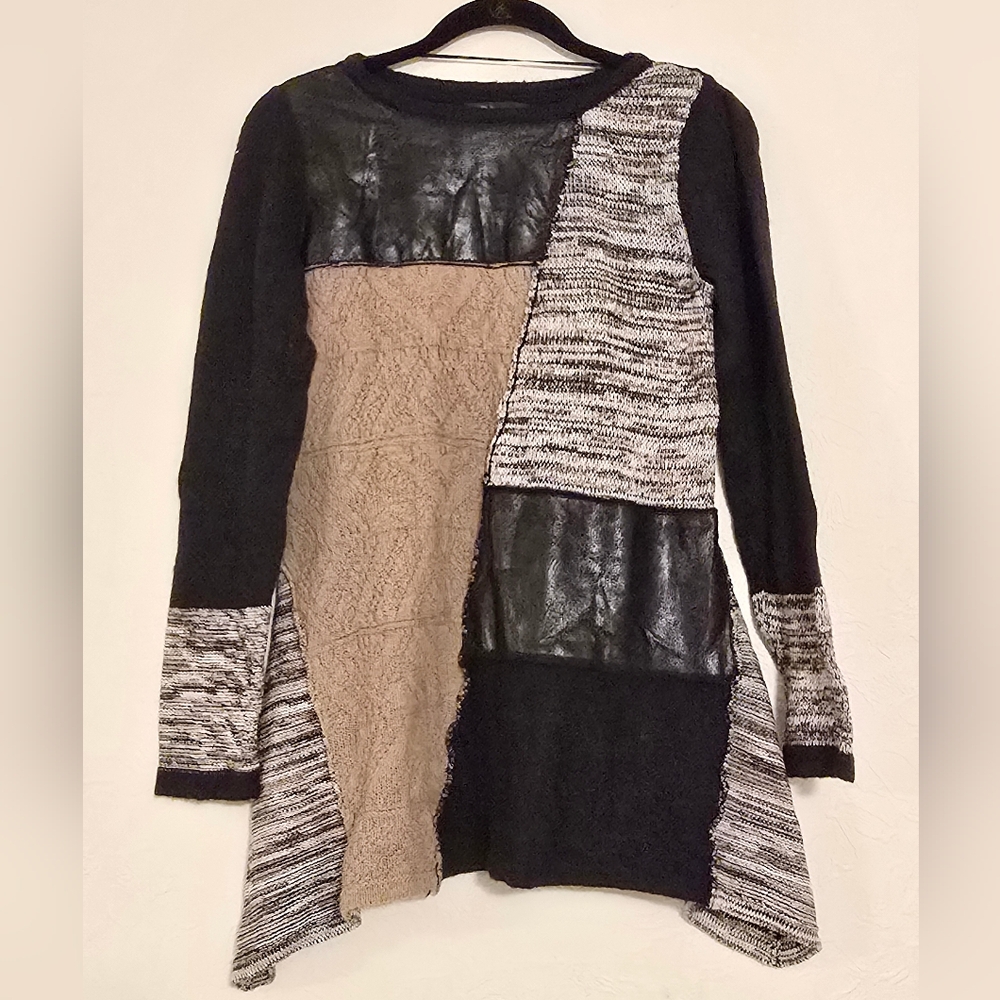 STYLE & CO WOMEN'S MEDIUM TUNIC SWEATER ASYMETRICAL BLACK BROWN PATCHWORK